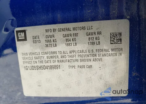 2013 Chevrolet Sonic Lt Manual z USA, uszkodzony, nr VIN 1G1JD5SH5D4189891